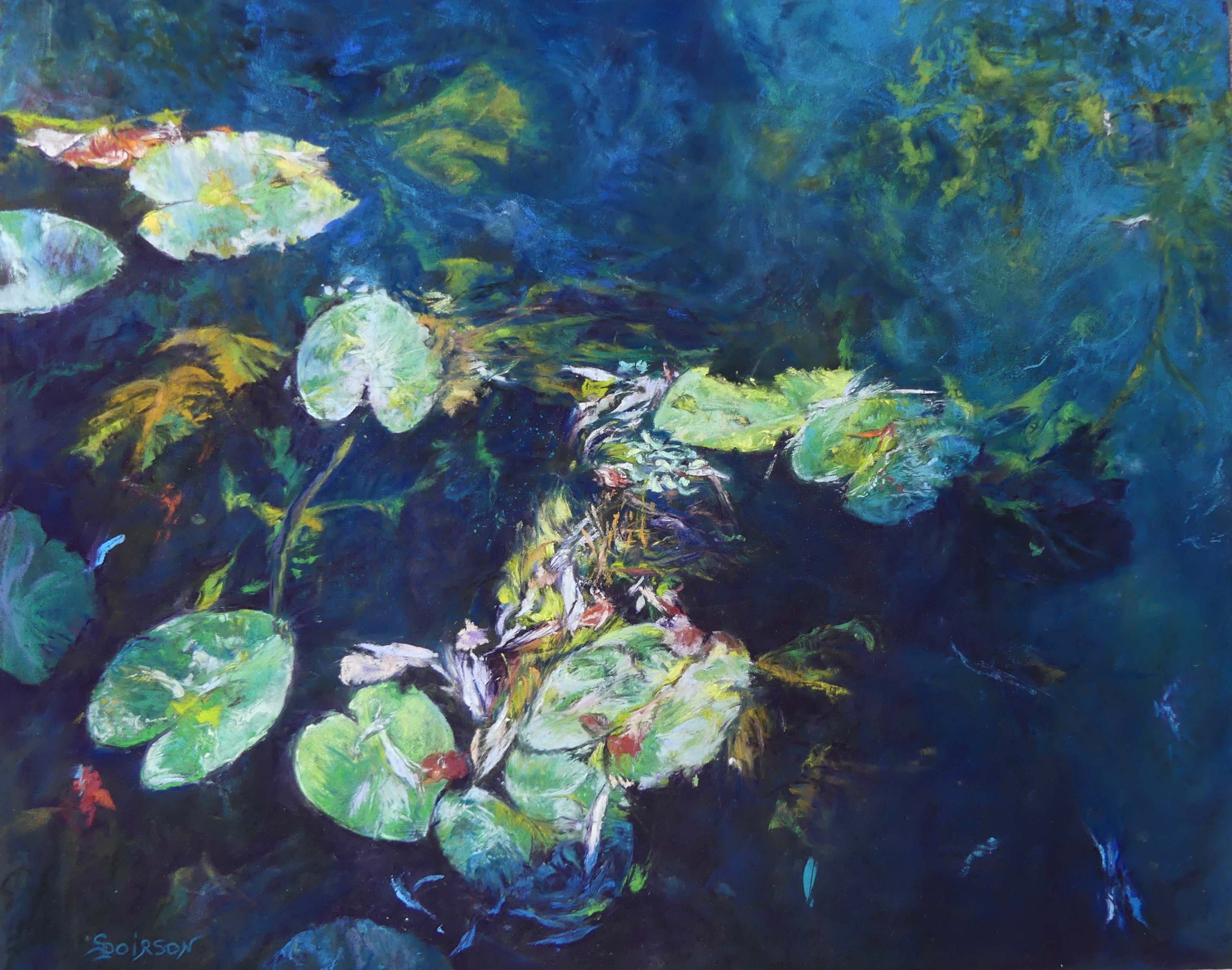 Pastel by Sylvie Poirson representing water lilies in water