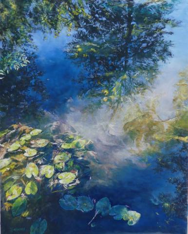 mirrored tree in the water and water lily-pastel sylvie poirson