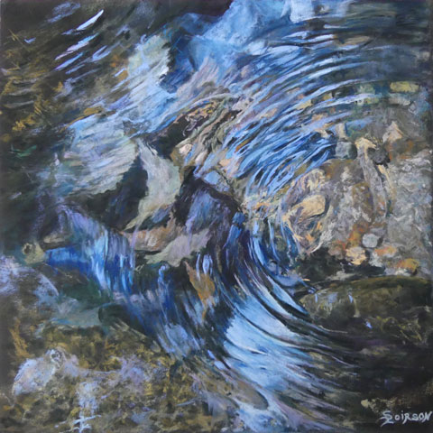 The light passes through the water and we see the stones at the bottom of the stream and the whirlpool they create