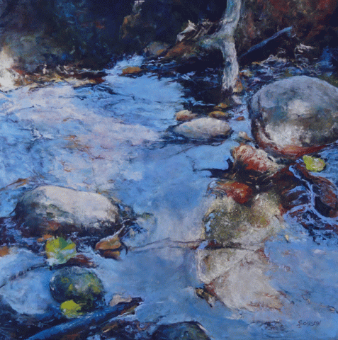 zoom on the water of a river with pebbles in transparency