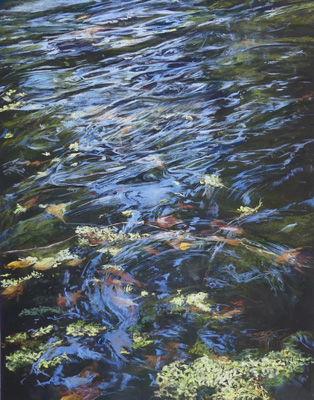 Tableau technique pastel, montrant des reflets célestes dans l'eau d'un fleuve