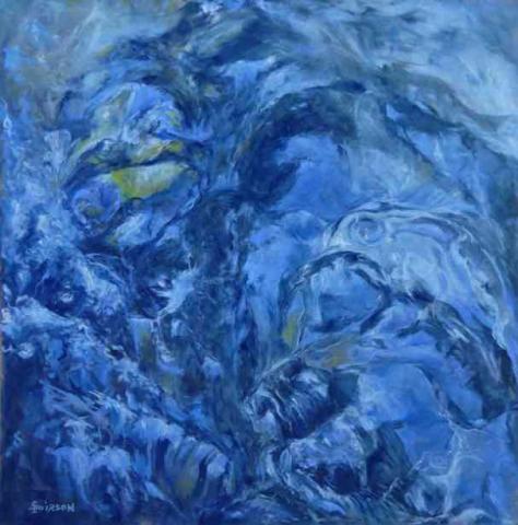 pastel de mouvements d'eaux semi figuratif en déclinaisons de bleus. Sylvie Poirson